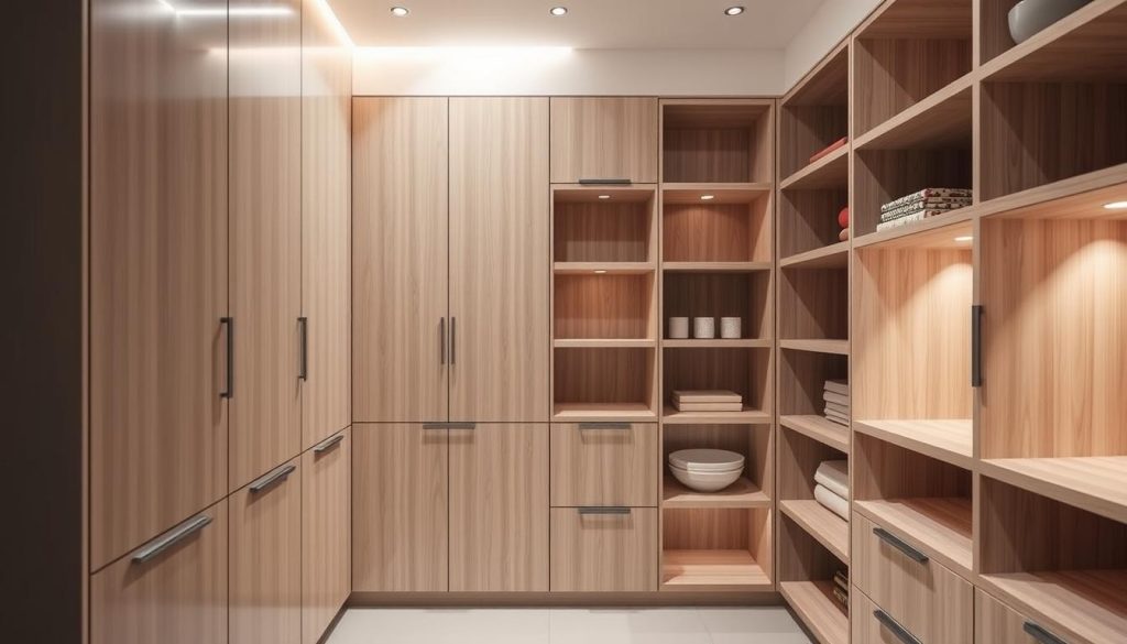 A contemporary and streamlined pantry design, showcasing a minimalist kitchen setting with sleek cabinetry in a light, natural wood tone. The pantry features recessed shelving, optimizing storage space while maintaining a clean, uncluttered appearance. Soft, diffused lighting emanates from concealed sources, creating a warm and welcoming ambiance. The overall composition emphasizes a harmonious blend of form and function, reflecting a modern and efficient approach to kitchen organization and storage.