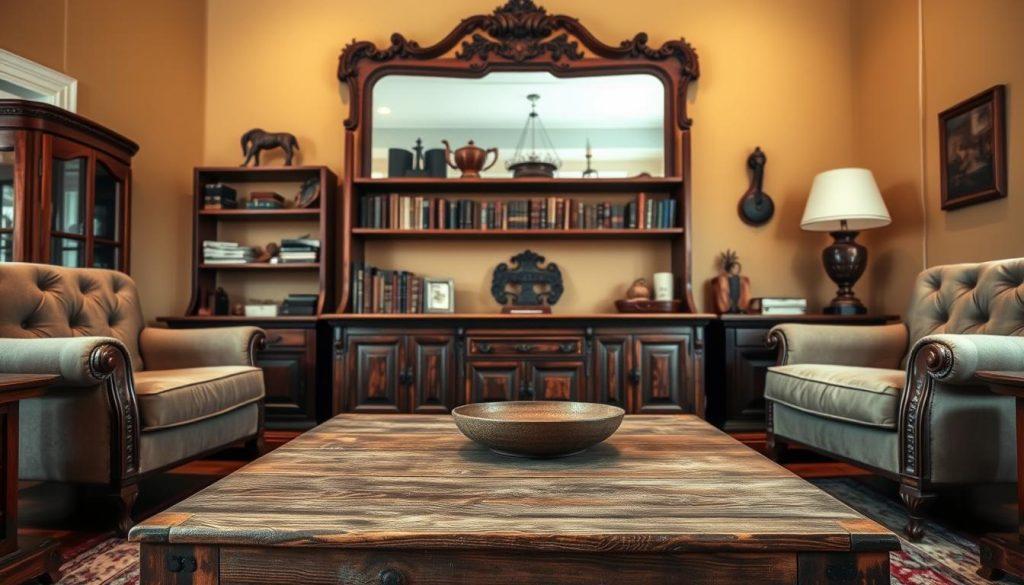 A cozy and inviting living room with a set of classic wooden furniture pieces. In the foreground, a sturdy wooden coffee table with a distressed finish, surrounded by two plush, tufted armchairs in a neutral tone. In the middle ground, a large, rustic-style wooden bookshelf, its shelves adorned with antique books and decorative items. The background features a warm, natural-toned wall, accentuated by a large, ornate mirror that reflects the room's soft, ambient lighting. The overall scene conveys a sense of timeless elegance and comfortable sophistication, blending traditional and modern design elements seamlessly.