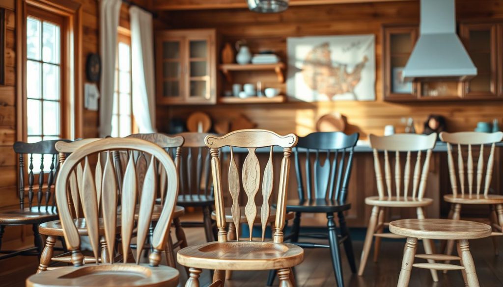 A cozy wooden kitchen setting, featuring an array of elegant and diverse wooden chair models. The foreground showcases a selection of intricately crafted chairs, each with its own unique design elements - ranging from classic and traditional to more modern and minimalist styles. The middle ground presents a cohesive arrangement of these chairs, allowing the viewer to appreciate the nuances and variations in their construction, materials, and finishes. The background subtly hints at a warm, inviting kitchen environment, with natural lighting filtering in and casting a soft, ambient glow across the scene. The overall atmosphere evokes a sense of comfort, functionality, and artistry, perfectly capturing the diverse range of wooden chair models suitable for a kitchen setting.