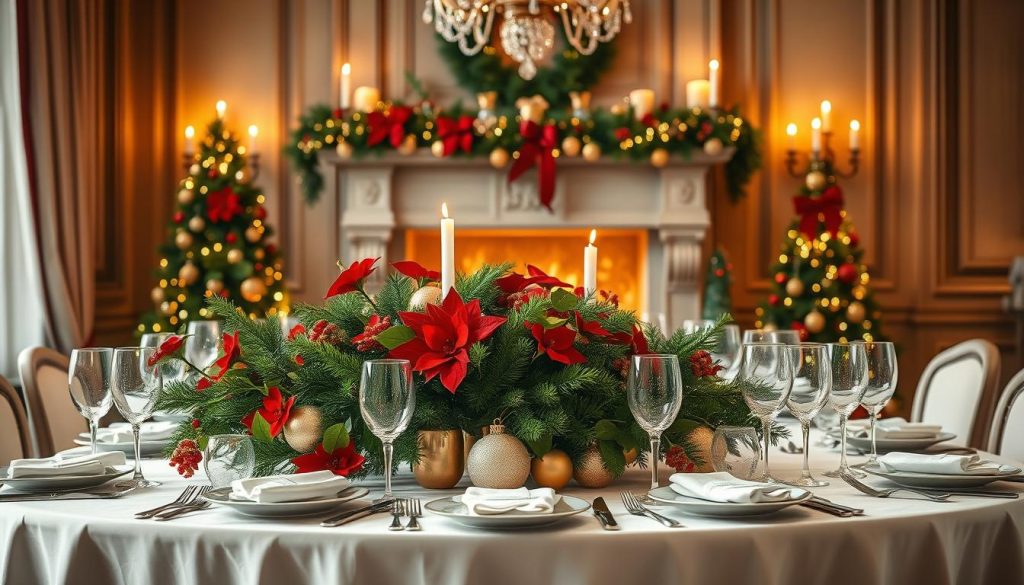 A grand and festive Christmas table setting, bathed in soft, warm lighting. In the foreground, a sumptuous arrangement of crimson red and verdant green - a centerpiece of lush evergreen foliage, vibrant poinsettias, and gleaming gold accents. The middle ground showcases an elegant table, adorned with crisp white linens, sparkling crystal glassware, and polished silver cutlery. In the background, a grand fireplace mantel decked with garlands, candles, and holiday ornaments, creating a cozy, inviting ambiance. The scene exudes a sense of refined sophistication and timeless holiday charm, capturing the essence of a truly extraordinary and functional Christmas tableware design.