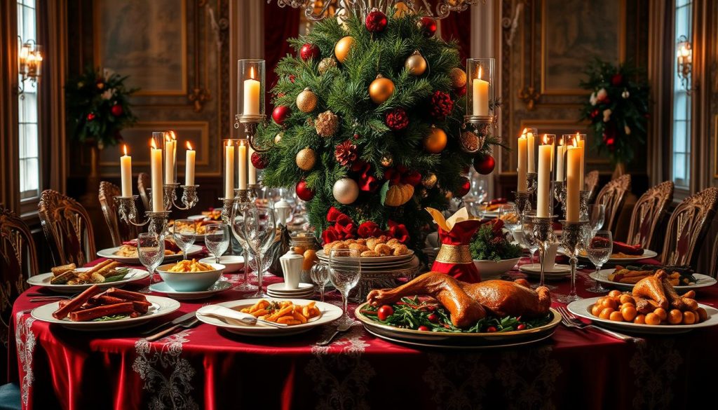 A grand holiday table, adorned with a sumptuous centerpiece of evergreen boughs, festive ornaments, and the warm glow of candlelight. Elegant china, gleaming silver, and crystal glassware await the feast, their reflections dancing in the soft, ambient light. The rich, deep hues of a luxurious tablecloth provide a striking contrast, while delicate lace accents add a touch of refined sophistication. Artfully arranged platters of seasonal delicacies, from roasted meats to vibrant vegetable dishes, invite the senses to indulge. A sense of joyful anticipation permeates the scene, as if the table is eagerly awaiting the arrival of cherished guests to celebrate the festive occasion.