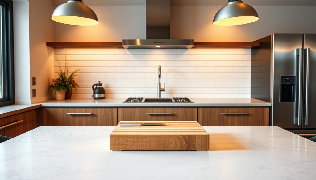 A kitchen countertop at varying heights, showcasing the versatility of workspace tailored for diverse culinary tasks. The foreground displays a polished marble surface at waist level, ideal for general food preparation. The middle ground features a slightly raised butcher block, optimized for heavy-duty chopping and cutting. In the background, a sleek stainless steel counter stands taller, enabling comfortable standing work like kneading dough or rolling out pastry. Warm, diffused lighting from overhead fixtures casts a cozy, inviting ambiance, while the clean, minimalist design reflects a modern, functional kitchen aesthetic.