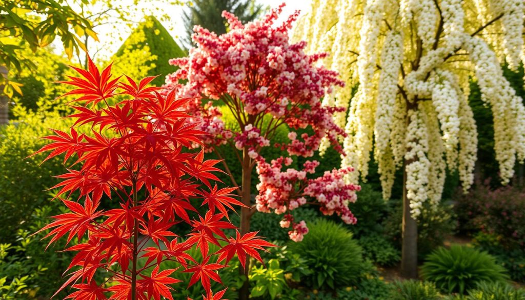 A lush, flourishing garden oasis, showcasing a carefully curated selection of the finest trees for a small outdoor space. In the foreground, a graceful Japanese maple with its vibrant crimson foliage, its delicate branches swaying gently in a soft breeze. Midground, a compact, pyramidal Eastern redbud tree adorned with delicate pink blossoms, its rounded canopy providing dappled shade. In the background, a stately, columnar Yoshino cherry tree stands tall, its white flowers cascading like a waterfall. The scene is bathed in warm, golden afternoon light, creating a serene and inviting atmosphere. Captured with a wide-angle lens to capture the harmonious composition of these ideal small-garden trees.