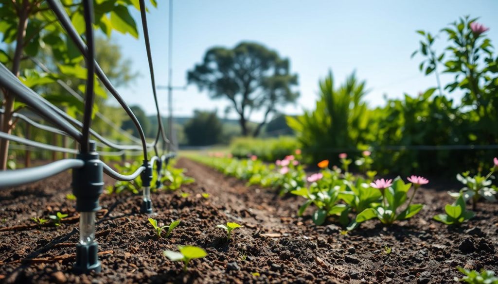 A lush garden scene with a close-up view of a drip irrigation system. The foreground features a well-designed network of flexible hoses and emitters, slowly dripping water onto the soil around the plants. The middle ground showcases thriving, vibrant foliage and flowers, benefiting from the targeted, efficient water delivery. In the background, a serene landscape with trees and a clear blue sky create a calming, natural atmosphere. Soft, diffused lighting illuminates the scene, highlighting the intricate details of the irrigation system and the healthy, flourishing plants. The overall composition conveys a sense of harmony between technology and nature, showcasing the effectiveness of a well-implemented drip irrigation system in a beautifully landscaped garden.