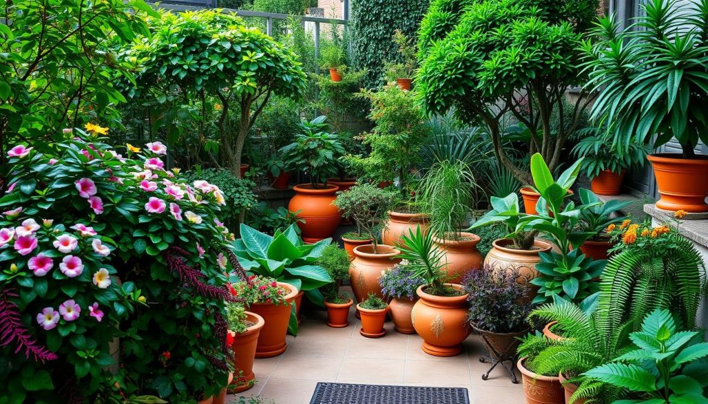 A lush, inviting terrace surrounded by a vibrant array of potted plants and greenery. In the foreground, a mix of colorful flowering plants and ferns cascade over the edge of the terrace, creating a natural, cascading effect. In the middle ground, a collection of terracotta planters and decorative pots house a variety of thriving plants, their leaves and blooms adding texture and depth. The background features a carefully curated arrangement of larger potted trees and shrubs, their verdant foliage framing the scene and creating a sense of enclosure. Soft, diffused natural lighting filters through the plants, casting gentle shadows and highlighting the rich, earthy tones. The overall composition evokes a sense of tranquility and harmony, inviting the viewer to envision themselves relaxing in this idyllic outdoor oasis.