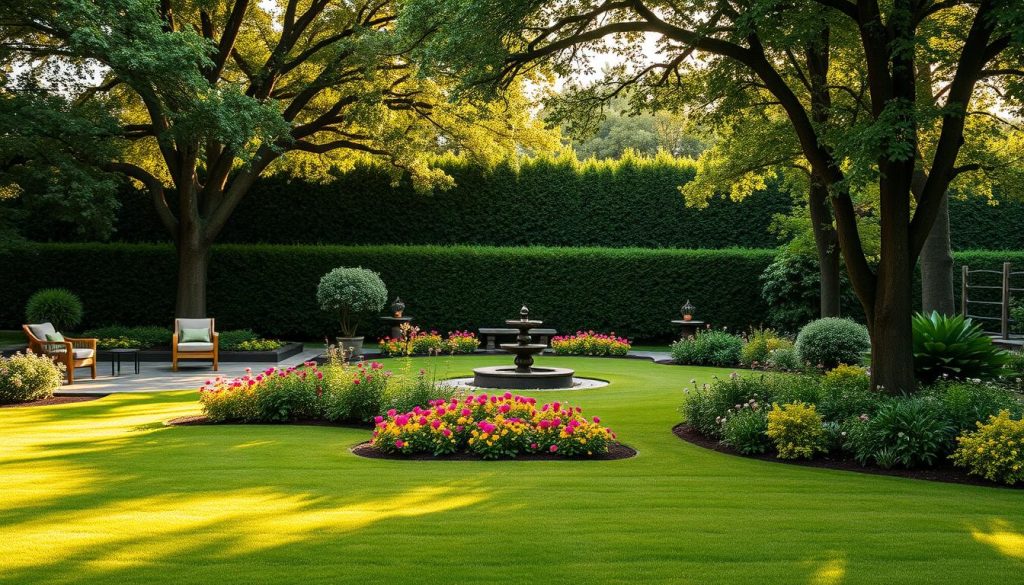 A lush, meticulously designed garden with a clear division into functional zones. In the foreground, a well-manicured lawn leads to a serene patio area with comfortable seating and a central water feature. The middle ground showcases a vibrant flower bed, its colors complementing the surrounding greenery. In the background, a neatly pruned hedge frames a secluded meditation space, complete with a winding path and a tranquil bench. Soft, warm lighting filters through the canopy of mature trees, creating a peaceful, inviting atmosphere. The scene evokes a sense of balance, harmony, and thoughtful outdoor living.