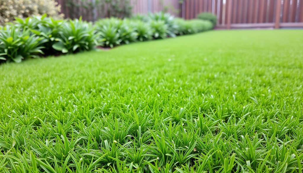 A lush, verdant artificial lawn in a garden setting. The grass blades are densely packed, with a vibrant, consistent green hue, creating a smooth, uniform surface. The lawn is situated in the foreground, with a middle ground of natural shrubbery and a distant background of a wooden fence or boundary. The lighting is soft and diffused, casting gentle shadows and highlights across the synthetic turf, giving it a natural, realistic appearance. The overall scene conveys a sense of order, tidiness, and a well-manicured outdoor space, inviting the viewer to imagine the practical benefits of artificial grass in a domestic garden setting.