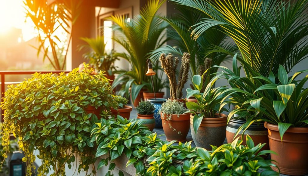 A lush, verdant oasis adorns the terrace, with an array of thriving plants cascading over the edges, creating a captivating natural ambiance. In the foreground, a cluster of vibrant, leafy plants spills over the terrace's edge, their delicate tendrils reaching towards the sun. The middle ground features a mix of potted plants, their varied textures and hues complementing each other seamlessly. In the background, taller, stately plants stand tall, their graceful fronds swaying gently in the soft breeze. The scene is bathed in warm, golden light, casting a serene, inviting glow over the entire tableau. The overall composition evokes a sense of tranquility and harmony, perfectly capturing the essence of a lush, welcoming terrace oasis.
