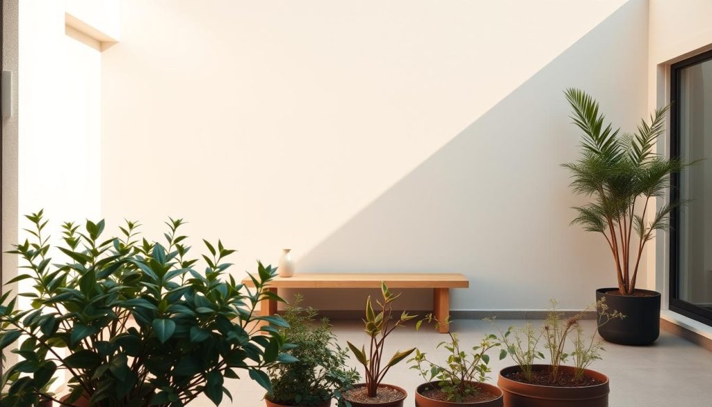 A minimalist, modern terrace with a clean, sleek design. The foreground features a collection of potted plants, their leaves and stems creating a harmonious, organic arrangement. The middle ground showcases a simple, rectangular wooden or concrete bench, its lines echoing the minimalist aesthetic. The background is a plain, neutral-colored wall, allowing the plants and the terrace furniture to take center stage. The scene is bathed in warm, diffused natural lighting, creating a serene and inviting atmosphere. The overall composition emphasizes the beauty of simplicity, highlighting the interplay between the natural and the man-made elements.