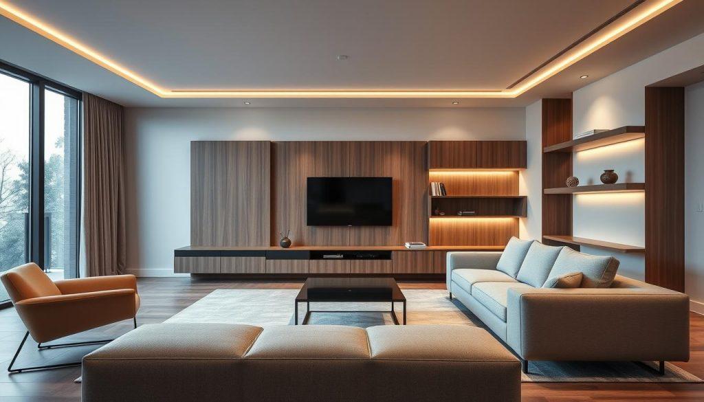 A modern and stylish living room interior with sleek, minimalist furniture. In the foreground, a low-profile sectional sofa with clean lines and a neutral upholstery fabric. A square coffee table with a glass top sits in front of the sofa, accented by a pair of modern, angular armchairs. In the background, a large, floor-to-ceiling window provides ample natural light, casting a warm, diffused glow throughout the space. The walls are painted a soft, muted color, complementing the natural wood tones of the floating entertainment unit and shelving units lining the walls. Indirect lighting fixtures mounted on the ceiling and walls create a cozy, atmospheric ambiance. The overall aesthetic is sophisticated, elegant, and perfectly suited for a stylish, contemporary living room.