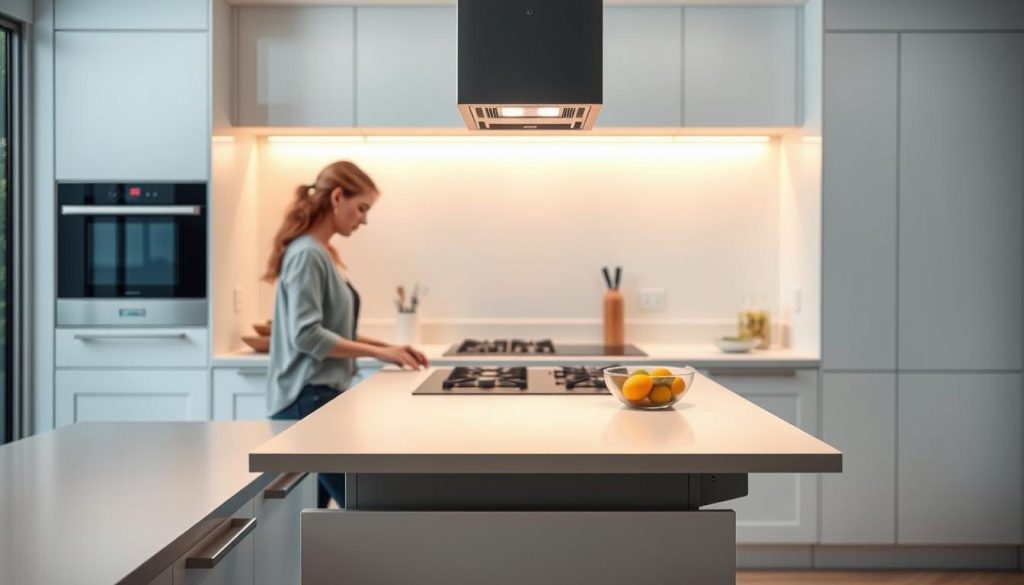 A modern kitchen interior with a counter-height adjustable worktop. The worktop is positioned at a comfortable height, allowing a person of average stature to comfortably prepare meals while standing. The worktop surface is made of a sleek, light-colored material, perhaps quartz or granite. Soft, warm lighting illuminates the scene, creating a welcoming atmosphere. The kitchen is minimalist in design, with clean lines and a neutral color palette, allowing the adjustable worktop to be the focal point. The angle of the camera captures the user's perspective, showcasing the ergonomic benefits of the customizable height. The image conveys the idea of a kitchen tailored to the individual's needs, promoting efficiency and comfort in the cooking process.
