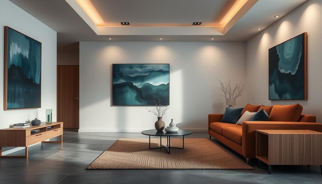 A modern living room interior with an elegant and sophisticated color palette for 2024. The space features a plush, high-backed sofa in a rich, earthy tone, complemented by sleek, minimalist side tables in a polished, light-colored wood. The walls are adorned with abstract art pieces in shades of deep blue and muted greens, creating a serene and calming ambiance. The room is bathed in warm, diffused lighting from recessed ceiling fixtures, casting a soft glow across the space. The flooring is a high-quality, muted gray tile that seamlessly blends with the overall aesthetic. Carefully curated decorative elements, such as a sculptural vase and a woven area rug, add depth and texture to the composition.