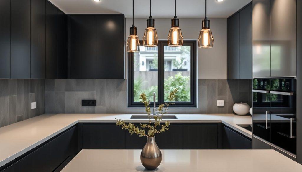 A modern, minimalist kitchen with sleek, matte black cabinetry and clean white countertops. Suspended above, a trio of pendant lights with a metallic finish cast a warm, ambient glow. The backsplash features a subtle, geometric tile pattern in shades of gray, complementing the overall sophisticated palette. In the foreground, a single, sculptural vase holds a sprig of greenery, adding a touch of nature to the space. Through the window, a glimpse of a lush, urban garden can be seen, blurring the lines between indoors and out. The overall atmosphere is one of understated elegance and contemporary design.