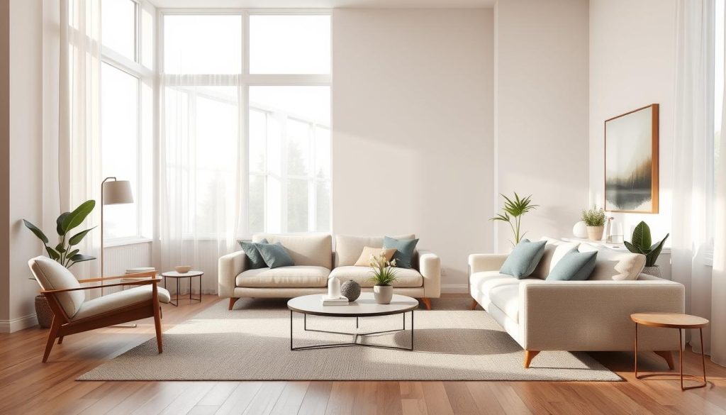 A modern, minimalist living room in shades of beige, gray, and white. Soft, diffused light filters in through large windows, casting a warm, inviting glow. A sleek, low-profile sofa anchors the space, complemented by a stylish armchair and a minimalist coffee table. Decorative accents, such as potted plants and abstract wall art, add subtle pops of color. The overall atmosphere is one of elegant simplicity, reflecting the latest trends in interior design for 2024.