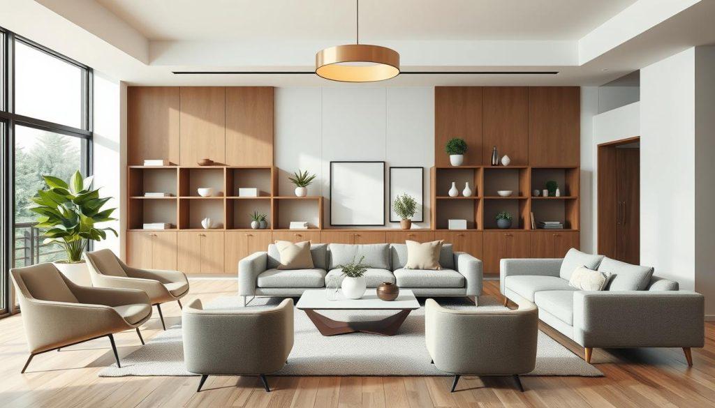 A modern, minimalist living room interior showcasing a sleek furniture set. In the foreground, a low-profile sectional sofa with clean lines and neutral upholstery. Accent chairs in complementary shades flank a modern, geometric coffee table. In the middle ground, built-in shelving units with a mix of open and closed storage compartments, displaying decorative objects and plants. The background features large windows letting in abundant natural light, creating a bright and airy atmosphere. Overhead, a simple pendant light fixture illuminates the space with a warm, diffused glow. The overall aesthetic conveys a sense of understated elegance and contemporary sophistication.
