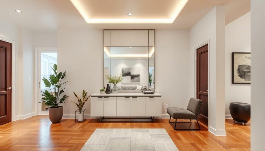 A modern, well-designed foyer that exudes a warm and inviting atmosphere. The spacious entryway features a sleek, minimalist console table with a large mirror above, creating an illusion of depth and a sense of grandeur. Soft, diffused lighting from recessed ceiling fixtures illuminates the space, accentuating the clean lines and neutral color palette. The flooring is a mix of hardwood and textured tiles, leading the eye towards a partially visible living room in the background. Potted plants and a stylish bench or chair add a touch of natural elegance, conveying a refined and welcoming first impression.