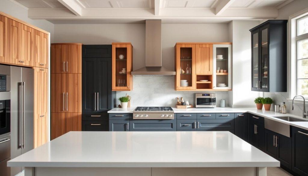 A modern, well-lit kitchen interior showcasing a diverse array of stylish cabinetry and countertops. The foreground features a sleek, minimalist white kitchen island with clean lines and a smooth quartz surface. Surrounding it, an eclectic mix of cabinet styles ranging from traditional wood tones to contemporary gray and black finishes. In the middle ground, a mix of open shelving, glass-fronted cabinets, and deep drawers create visual interest and storage solutions. The background includes a bright, airy window that floods the space with natural light, highlighting the variety of materials and textures present. The overall atmosphere is one of a functional, yet design-forward kitchen that caters to diverse tastes and preferences.