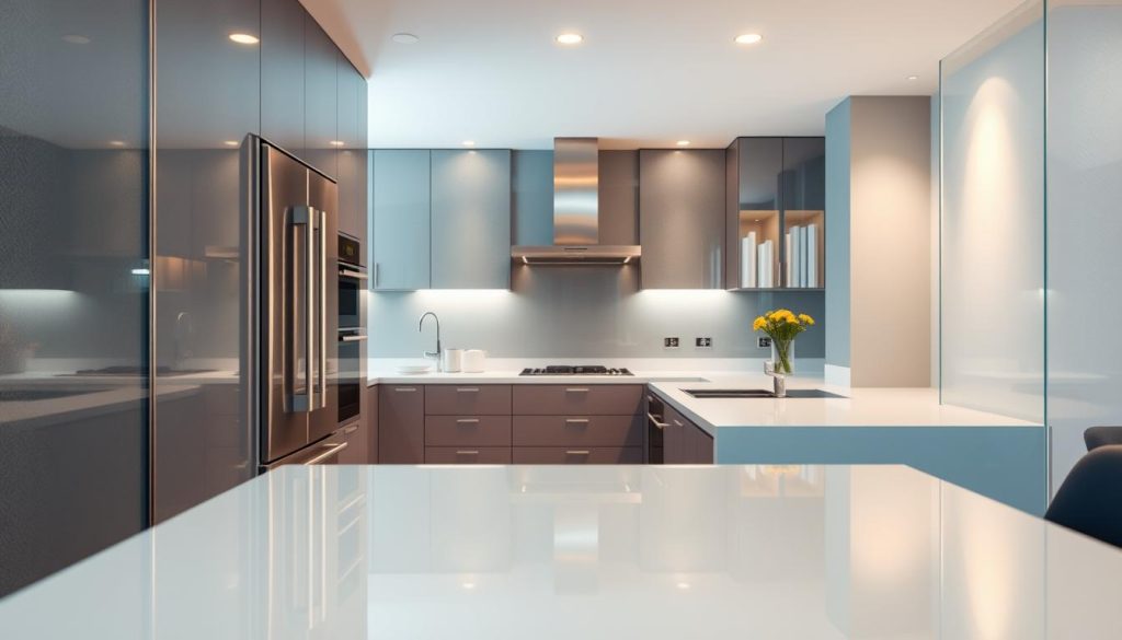 A modern, well-lit kitchen with sleek glass panels adorning the walls. The glass panels reflect the soft, warm lighting, creating a bright and airy atmosphere. The panels have a subtle, textured pattern that adds visual interest. In the foreground, the glass panels are framed by polished, stainless steel appliances, creating a harmonious blend of materials. The middle ground features a spacious, functional kitchen layout with ample counter space and storage. The background showcases a minimalist, contemporary design with clean lines and a neutral color palette, allowing the glass panels to take center stage.