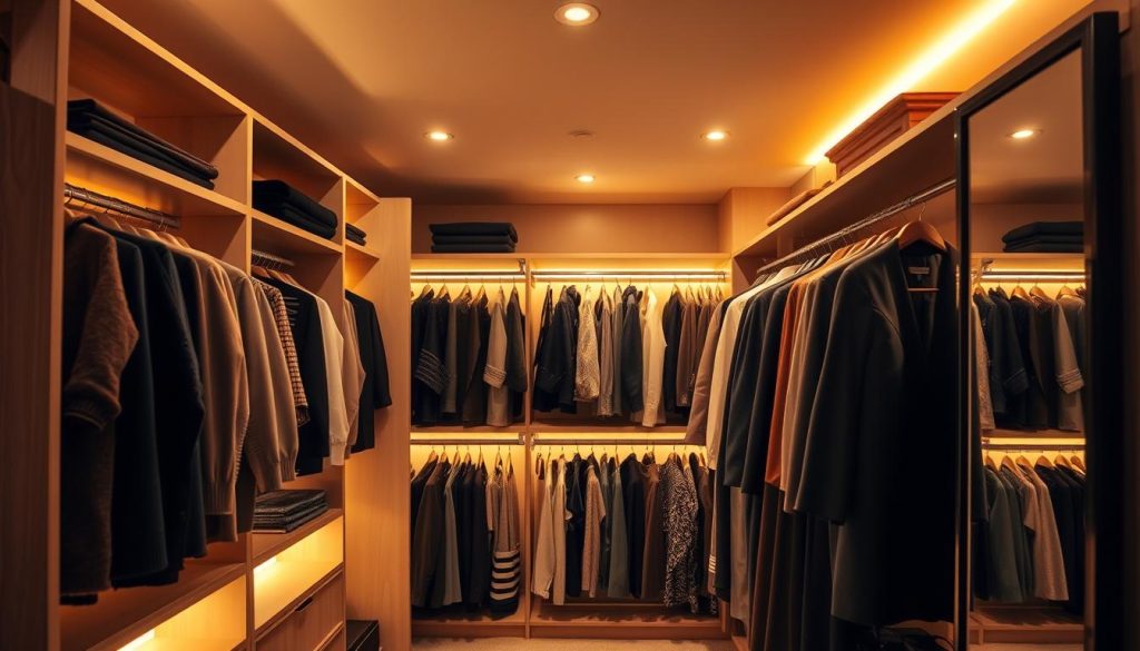 A neatly organized walk-in closet, bathed in warm, ambient lighting that casts a soft, inviting glow. Sleek, modern shelving and hanging rods showcase an impeccably curated wardrobe, each item meticulously arranged. The lighting fixtures, recessed into the ceiling, emit a subtle, uniform illumination, highlighting the textures and colors of the clothing. In the corner, a full-length mirror reflects the scene, creating a sense of depth and balance. The overall atmosphere is one of elegance, functionality, and a heightened appreciation for the beauty of the space and its contents.