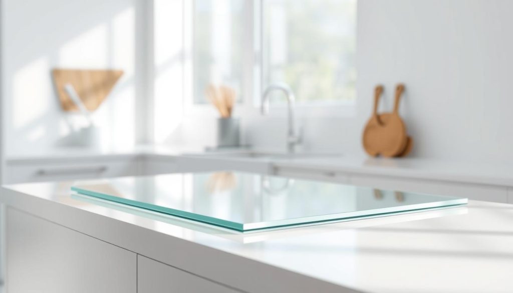 A pristine, high-quality tempered glass panel rests on a minimalist white countertop, illuminated by soft, diffused natural light filtering through a nearby window. The glass surface reflects the kitchen's clean, modern aesthetic, its smooth, sleek texture and subtle sheen evoking a sense of sophistication and durability. The tempered glass' slightly tinted hue adds depth and visual interest, complementing the overall kitchen design. The composition emphasizes the glass' key properties - its strength, transparency, and seamless integration into the contemporary culinary environment.