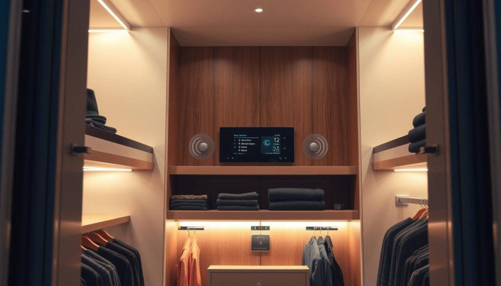 A sleek, modern closet with an array of intelligent sensors and controls, bathed in warm, ambient lighting. The closet's interior is elegantly designed, with clean lines and subtle textures. Discreetly placed sensors monitor the closet's contents, automatically adjusting lighting and climate to create the perfect environment. A central control panel showcases the system's advanced features, offering seamless integration with a user's smartphone or home automation network. The overall mood is one of effortless sophistication, highlighting the closet's role as a sanctuary of organization and personal style within the contemporary home.