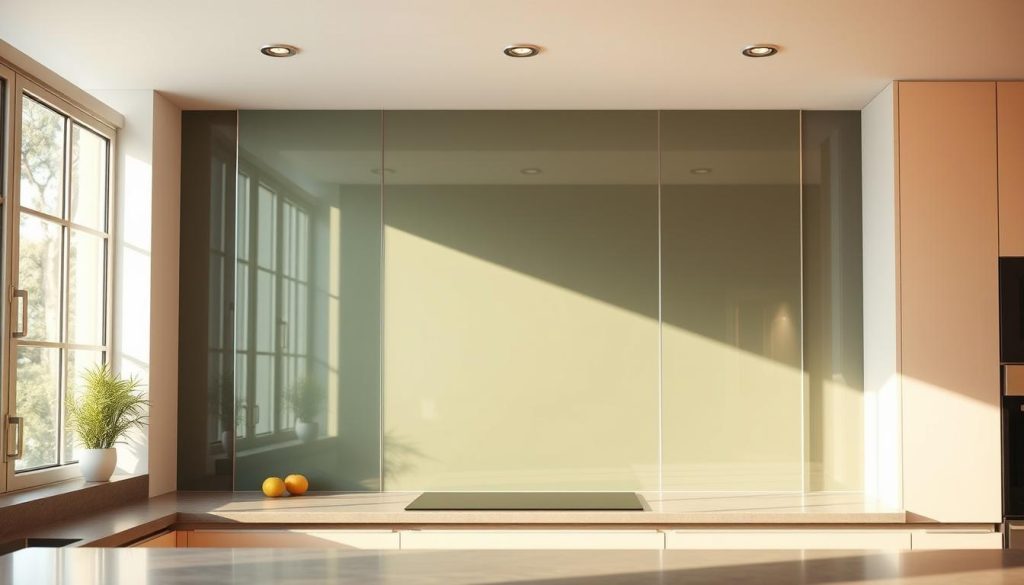 A sleek, modern glass panel in a warm, sun-lit kitchen. The panel is positioned prominently on the wall, its surface gleaming with a subtle sheen. The glass has a slight tint, creating a soft, inviting ambiance. The panel's dimensions are precise, framed by clean, minimalist lines that complement the kitchen's contemporary design. Overhead, natural light filters through large windows, casting a gentle glow across the space. The kitchen's backsplash and countertops provide a harmonious backdrop, allowing the glass panel to take center stage as the focal point of the room.