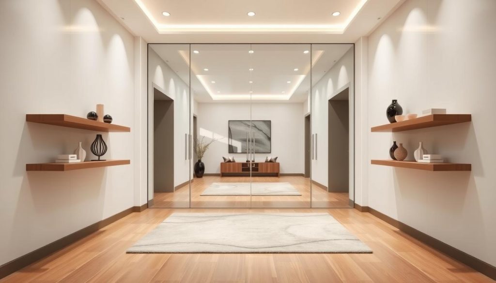 A spacious, bright entryway with a large, contemporary mirror reflecting the surrounding area. The mirror's reflective surface creates an illusion of depth, visually expanding the space. Elegant, minimalist wall shelves on either side display decorative accents, adding visual interest. Sleek, hardwood flooring and a plush, neutral-toned area rug anchor the scene. Soft, diffused lighting emanates from recessed ceiling fixtures, creating a warm, inviting ambiance. The overall design exudes a sense of modern sophistication, perfectly suited for the "Nowoczesny Przedpokój Aranżacje: Porady i Inspiracje" article's "Jak urządzić przedpokój z optycznym powiększeniem przestrzeni" section.