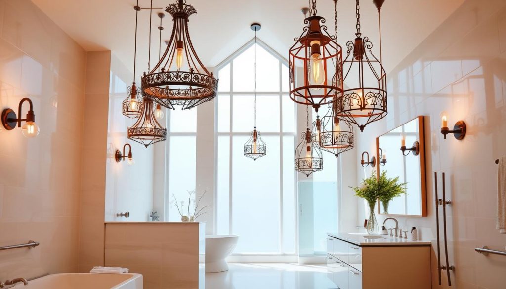 A spacious, well-lit bathroom features an array of elegant, hanging lamps and pendant lights. The fixtures, with their intricate metalwork and warm, glowing bulbs, cast a soft, inviting ambiance throughout the room. The lamps are arranged in a visually balanced, symmetrical layout, complementing the clean, minimalist tile work and modern, freestanding vanity. Warm, natural light filters in through large windows, creating a bright, airy atmosphere. The overall scene exudes a sense of luxury and spa-like tranquility, perfectly capturing the essence of "Inspirations for Bathroom Lighting - Best Ideas".