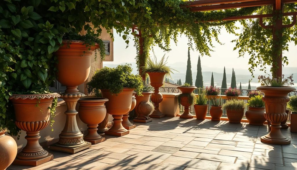 A sun-drenched Mediterranean terrace, adorned with an array of ornate, terracotta planters. Cascading vines and lush, verdant foliage spill over the rims, casting gentle shadows across the weathered stone surface. The planters are of varying shapes and sizes, some tall and cylindrical, others low and wide, each one a unique work of art. A warm, golden light filters through the scene, creating a serene and inviting atmosphere. In the background, the distant horizon is dotted with the silhouettes of cypress trees, hinting at the picturesque landscapes beyond. This image captures the essence of a Mediterranean-inspired terrace, a perfect illustration for the "Inspiracje śródziemnomorskie na tarasie" section of the article.