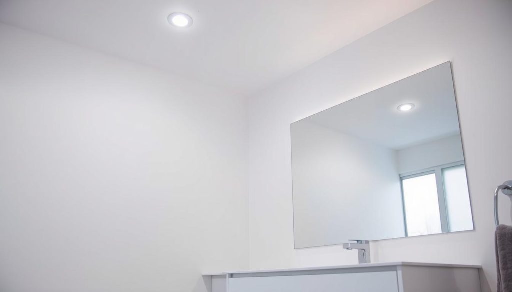 A well-lit bathroom with a modern, minimalist aesthetic. Soft, diffused lighting from a recessed ceiling fixture casts a warm, inviting glow over the sleek, white vanity and large, frameless mirror. The mirror reflects the subtle play of light and shadow, highlighting the clean lines and simple elegance of the space. The overall mood is calming and serene, creating an atmosphere of relaxation and self-care.