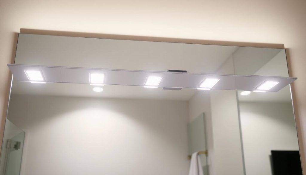 A well-lit vanity mirror in a modern bathroom, illuminated by a row of sleek, energy-efficient LED lamps. The lamps are mounted seamlessly into the frame, casting a warm, flattering glow on the user's face. The mirror's surface is glossy and reflective, complementing the minimalist aesthetic of the bathroom's design. The lighting is adjustable, allowing the user to customize the brightness and color temperature to their preferences. The overall effect is a functional yet stylish solution for task-oriented lighting in a bathroom setting.