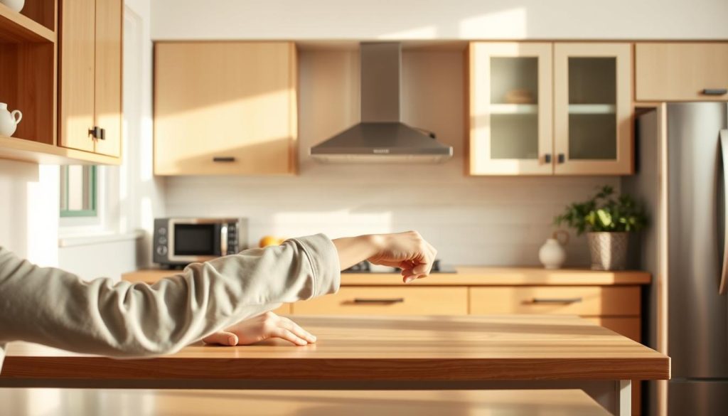 An ergonomic kitchen layout featuring a well-placed countertop, with a person's elbow resting comfortably on the surface to demonstrate the "elbow test" for ideal counter height. Soft, natural lighting illuminates the scene, creating a warm and inviting atmosphere. The image should clearly showcase the concept of using the elbow as a guide to determine the optimal counter height for a kitchen, aligning with the article's subject and section title.