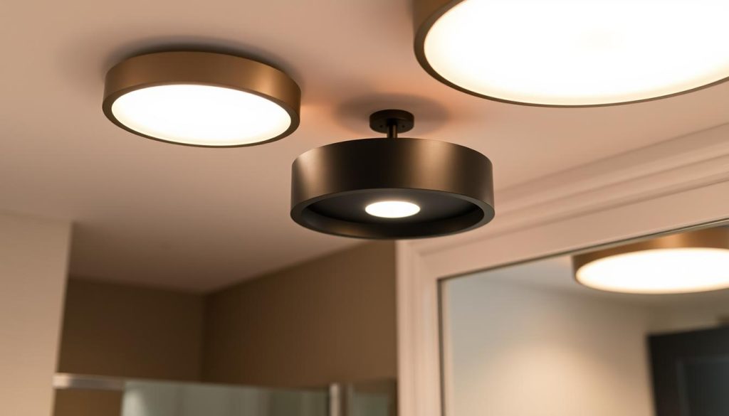 Ceiling-mounted LED light fixtures in a modern bathroom setting. The lamps have a sleek, minimalist design with a matte black or brushed metal finish, emitting a warm, diffused glow that creates a cozy, spa-like ambiance. The fixtures are recessed into the ceiling, seamlessly blending with the architecture. The lighting casts a gentle, even illumination across the room, accentuating the clean lines and natural materials of the bathroom decor. The scene conveys a sense of luxury and relaxation, perfect for a high-end, contemporary bathroom.