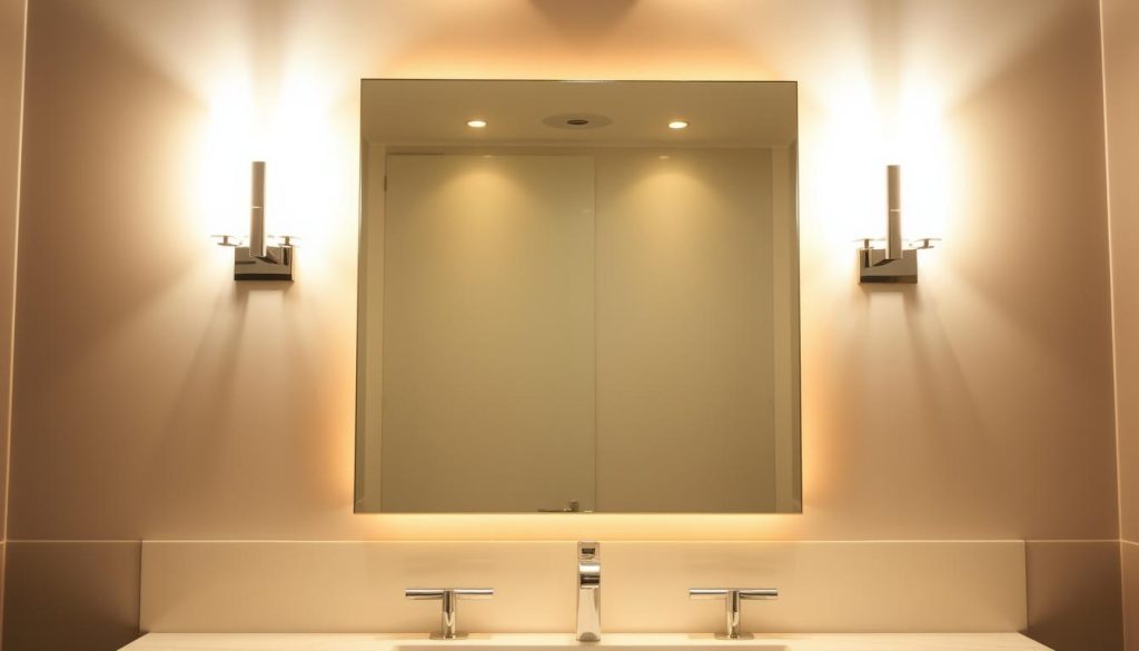 Elegant bathroom vanity with a captivating mirror and exquisite lighting fixtures. The mirror is framed with sleek, modern sconces, casting a warm, ambient glow that illuminates the vanity area. Soft, diffused light cascades down, creating a serene and relaxing atmosphere. The mirror's surface reflects the luxurious finishes of the vanity, harmonizing the space. Subtle shadows and highlights accentuate the mirror's form, drawing the eye to the center of attention. The overall composition conveys a sense of sophisticated, spa-like elegance, perfectly suited for the "Oświetlenie lustra i oprawy meblowe" section of the article.