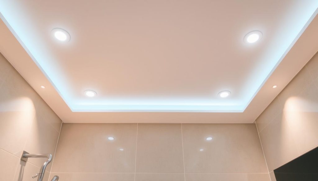 Sophisticated ceiling-mounted LED lamps elegantly illuminating a modern bathroom. The soft, warm glow bathes the sleek, minimalist tile surfaces in a serene ambiance. Recessed lighting fixtures seamlessly integrated into the ceiling create a cohesive, high-end aesthetic. Careful placement of the light sources casts subtle shadows, accentuating the geometric lines and curves of the bathroom's architecture. A harmonious blend of functionality and refined design, this lighting setup enhances the overall luxurious atmosphere of the space.